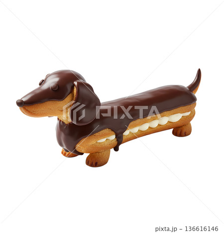 Adorable dachshund-shaped eclair pastry with shiny chocolate glaze and cream filling, perfect for dog lovers, pet-themed parties, and creative desserts Adorable dachshund-shaped eclair pastry with shiny chocolate glaze and cream filling, perfect for dog lovers, pet-themed parties, and creative desserts 136616146
