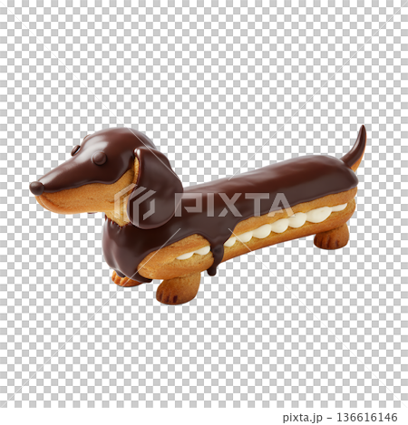 Adorable dachshund-shaped eclair pastry with shiny chocolate glaze and cream filling, perfect for dog lovers, pet-themed parties, and creative desserts 136616146
