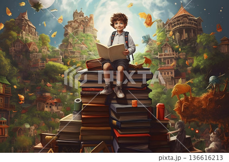 happy schoolboy sitting on the top of large books stack, surrounded with houses on green mountains, neural network generated image happy schoolboy sitting on the top of large books stack, surrounded with houses on green mountains, neural network generated image 136616213