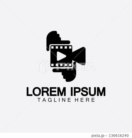 Play movie Video Camera& Film Strip Play Movie Cinema Entertainment Stock Vector icon logo design 136616240