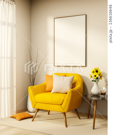 Yellow sofa chair with sunflower vase and teapot cup on table in a living room with bright sun light Yellow sofa chair with sunflower vase and teapot cup on table in a living room with bright sun light 136616648