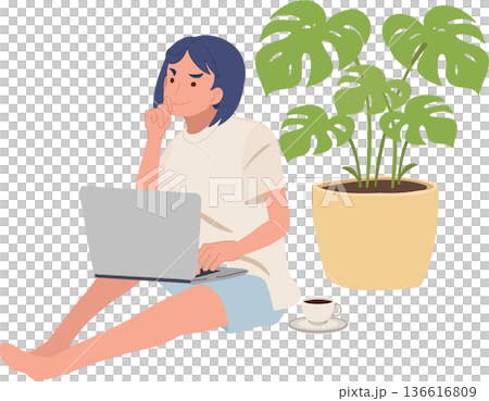 Work From Home Freelancer Using Laptop Sitting on Floor with Indoor Plant Work From Home Freelancer Using Laptop Sitting on Floor with Indoor Plant 136616809