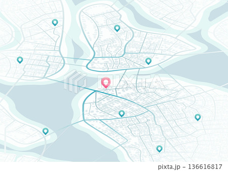 Abstract navigation plan of the urban area. General city map indicating streets, roads, and buildings. Extensive city scheme featuring points of interest. Colored flat, editable vector illustration Abstract navigation plan of the urban area. General city map indicating streets, roads, and buildings. Extensive city scheme featuring points of interest. Colored flat, editable vector illustration 136616817