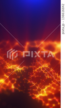 Intense glowing red and orange lava texture with bright molten cracks under a contrasting cool blue sky Intense glowing red and orange lava texture with bright molten cracks under a contrasting cool blue sky 136616842