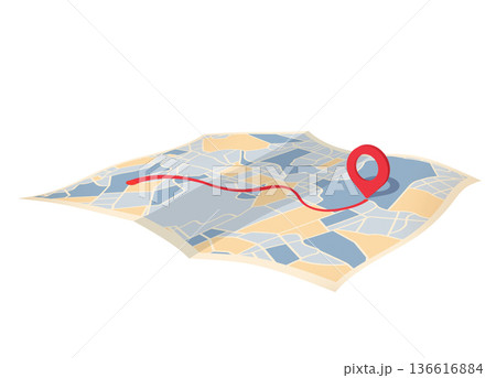 GPS navigation on folded paper map, highlighted route to red pin. Location tracking and mapping concept, clear path. Vector illustration. GPS navigation on folded paper map, highlighted route to red pin. Location tracking and mapping concept, clear path. Vector illustration. 136616884