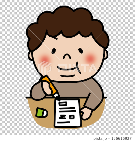 Chubby boy with curly hair taking a test 136616927