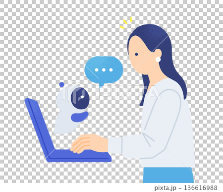 一位女士正在筆記型電腦上進行研究。人工智慧回答問題的向量圖。 136616988