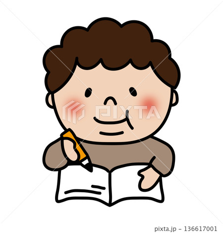 勉強するぽっちゃりした天パの子供（男の子） 136617001