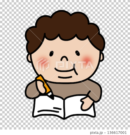 勉強するぽっちゃりした天パの子供（男の子） 136617001