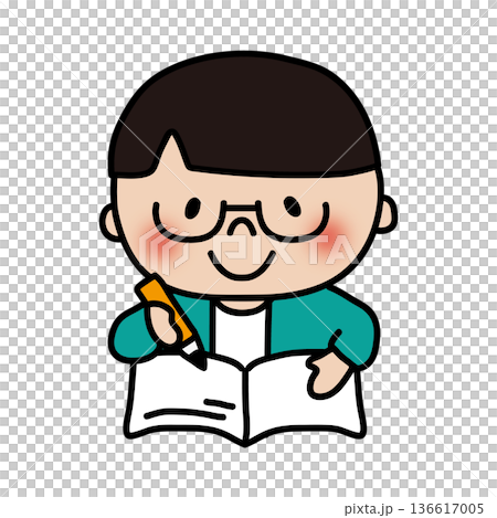 一個頭髮柔順、戴著眼鏡的男孩正在學習 一個頭髮柔順、戴著眼鏡的男孩正在學習 136617005
