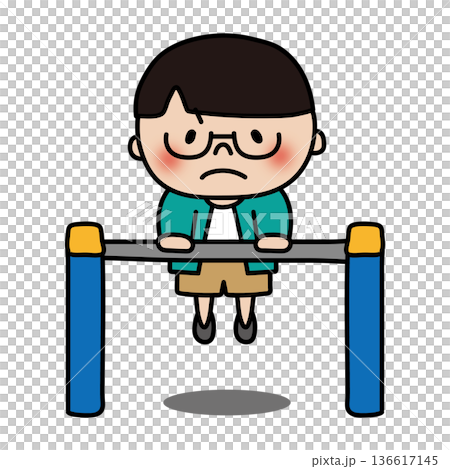 一個頭髮柔軟、戴著眼鏡的男孩在做單槓。 一個頭髮柔軟、戴著眼鏡的男孩在做單槓。 136617145