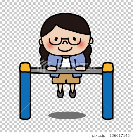 鉄棒をする眼鏡を掛けた三つ編みの子供（女の子） 136617146