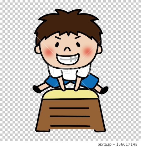 A lively and mischievous boy jumping over a vaulting box 136617148