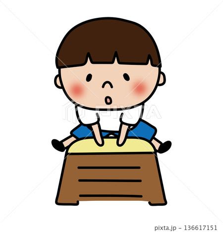 跳び箱をとぶ大人しいマッシュヘアの子供（男の子） 136617151