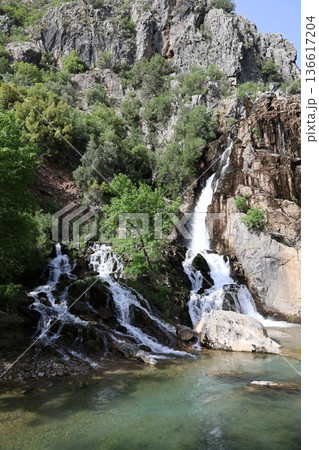 Cascading rocky waterfall. High quality photo 136617204
