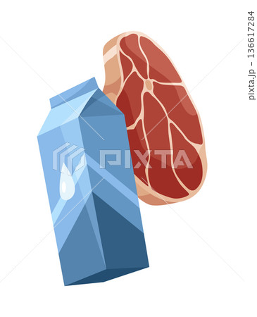 Cartoon Illustration of Milk Carton and Fresh Meat Slice 136617284