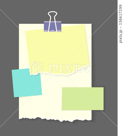 Paper notes stickers. Place for memo messages on paper sheets. Attached with sticky colorful tape on grey background isolated vector illustration 136617299