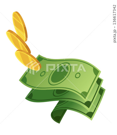 Cartoon money and coins. Paper cash, bills fly. Keeping money in bank. Green banknotes wealth, accumulation and inheritance. Flat vector money illustration. Objects isolated on white background Cartoon money and coins. Paper cash, bills fly. Keeping money in bank. Green banknotes wealth, accumulation and inheritance. Flat vector money illustration. Objects isolated on white background 136617342