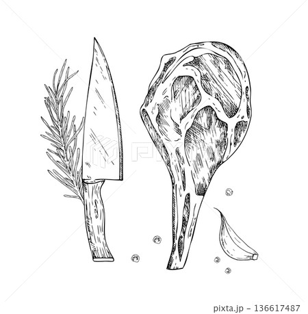 Vector Meat on the ribs with rosemary branch and peppercorns and garlic. Graphic ink knife, pork, ribeye, meet illustration, isolated on background. Hand drawn line sketch. For designers, prints, logo Vector Meat on the ribs with rosemary branch and peppercorns and garlic. Graphic ink knife, pork, ribeye, meet illustration, isolated on background. Hand drawn line sketch. For designers, prints, logo 136617487