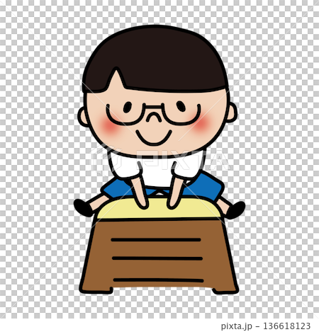 跳び箱をとぶ眼鏡を掛けたサラサラヘアの子供(男の子) 跳び箱をとぶ眼鏡を掛けたサラサラヘアの子供(男の子) 136618123