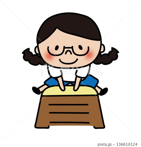跳び箱をとぶ眼鏡を掛けた三つ編みの子供(女の子) 跳び箱をとぶ眼鏡を掛けた三つ編みの子供(女の子) 136618124