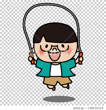 A boy with smooth hair and glasses jumping rope 136618129