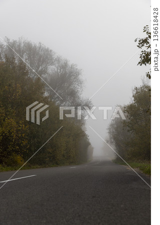 a narrow country road with yellow trees on the edge of the road in the autumn season, cloudy weather with a gray nondescript sky, thick fog in the morning due to climate change 136618428