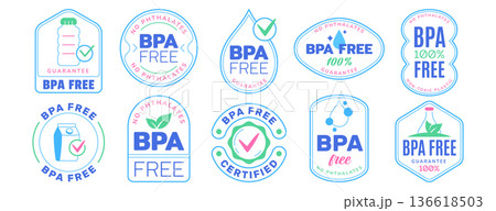 Bpa free badge logo, no bisphenol a and phthalates blue icons 136618503