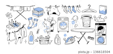 Hand drawn laundry doodle icon set with clothes, washer detergents and washing machines 136618504