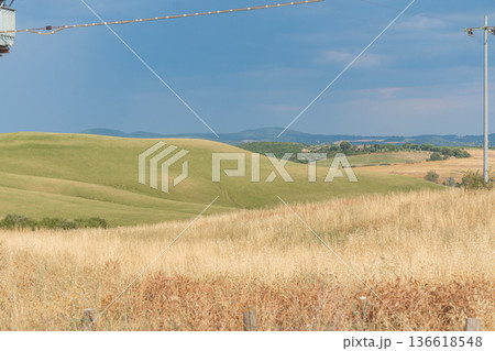 Golden agricultural fields beneath a dramatic sky. Rural landscape, changing weather and natural contrast concept 136618548
