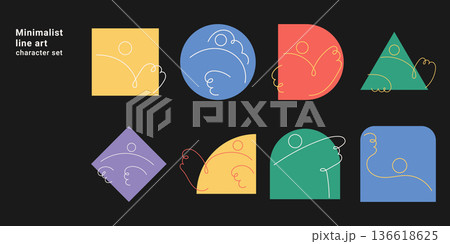 Minimalist line art character set with abstract figures in geometric shapes. One line drawing vector illustration collection for modern art and creative design colorful backgrounds. Minimalist line art character set with abstract figures in geometric shapes. One line drawing vector illustration collection for modern art and creative design colorful backgrounds. 136618625