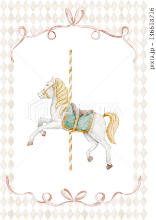 Carousel horse poster watercolor illustration with amusement park ride animal and decorative ribbon frame. Art for nursery wall art, children room decor, prints and baby shower invitations. Carousel horse poster watercolor illustration with amusement park ride animal and decorative ribbon frame. Art for nursery wall art, children room decor, prints and baby shower invitations. 136618716