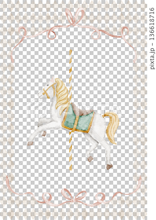 Carousel horse poster watercolor illustration with amusement park ride animal and decorative ribbon frame. Art for nursery wall art, children room decor, prints and baby shower invitations. Carousel horse poster watercolor illustration with amusement park ride animal and decorative ribbon frame. Art for nursery wall art, children room decor, prints and baby shower invitations. 136618716