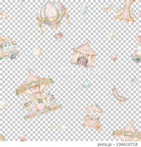 Seamless watercolor pattern with Ferris wheel, carousel, balloons and carnival elements in soft pastel colors. Nursery design with Amusement park for kids textiles, wallpapers, wrapping paper. Seamless watercolor pattern with Ferris wheel, carousel, balloons and carnival elements in soft pastel colors. Nursery design with Amusement park for kids textiles, wallpapers, wrapping paper. 136618718