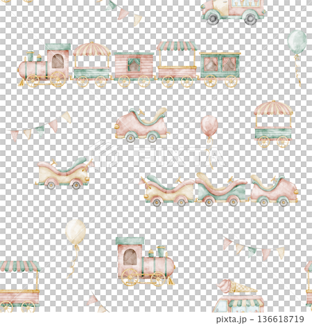 Watercolor seamless pattern with toy train, wagons and carnival elements in pastel tones. Cute background with vintage cars in nursery style for baby wallpaper, kids textiles, and surface design. Watercolor seamless pattern with toy train, wagons and carnival elements in pastel tones. Cute background with vintage cars in nursery style for baby wallpaper, kids textiles, and surface design. 136618719