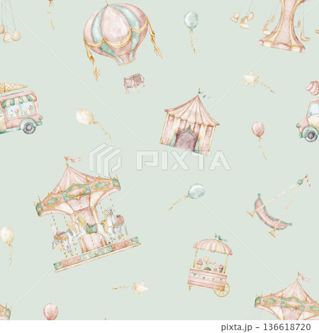 Amusement park seamless watercolor pattern with Ferris wheel, carousel, balloons and carnival elements in soft pastel colors. Nursery design for kids textiles, wallpapers, wrapping paper, party design Amusement park seamless watercolor pattern with Ferris wheel, carousel, balloons and carnival elements in soft pastel colors. Nursery design for kids textiles, wallpapers, wrapping paper, party design 136618720