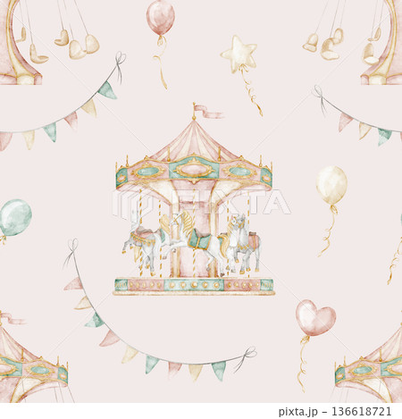 Carousel seamless watercolor pattern, balloons and festive garlands in soft pastel colors. Background with gentle vintage fairground for nursery wallpaper, kids textiles, wrapping paper. 136618721