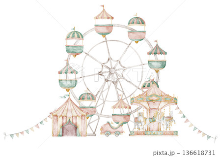 Watercolor Amusement park illustration with rides and tents in pastel vintage style. Ferris whale for children books, nursery wall art, posters, party invitations and fairground themed compositions. Watercolor Amusement park illustration with rides and tents in pastel vintage style. Ferris whale for children books, nursery wall art, posters, party invitations and fairground themed compositions. 136618731