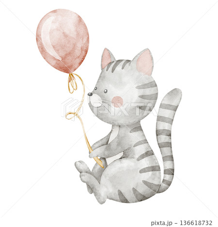 Watercolor Cat holding a Balloon in soft pastel colors. Cute Animal illustration for nursery poster, baby shower greeting cards or childish party invitations. Art of character for nursery posters. 136618732
