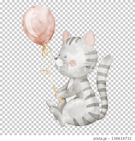 Watercolor Cat holding a Balloon in soft pastel colors. Cute Animal illustration for nursery poster, baby shower greeting cards or childish party invitations. Art of character for nursery posters. 136618732
