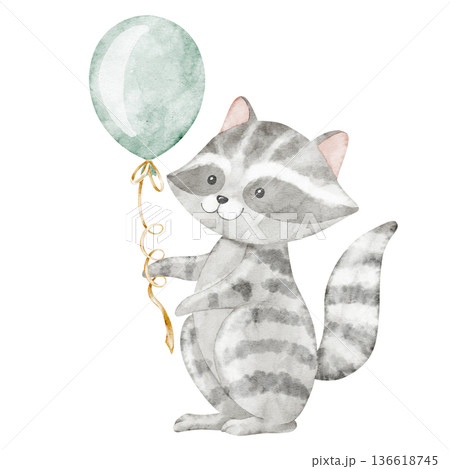Watercolor Raccoon holding a balloon in gentle pastel colors. Woodland animal illustration for baby shower greeting cards or childish Birthday invitations. Art of character for nursery posters. 136618745