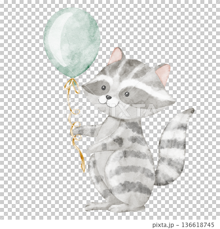 Watercolor Raccoon holding a balloon in gentle pastel colors. Woodland animal illustration for baby shower greeting cards or childish Birthday invitations. Art of character for nursery posters. 136618745