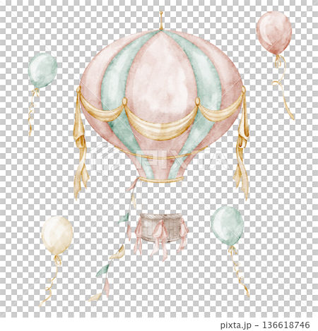Watercolor hot air balloons in soft pastel colors. Cute illustration with aircraft for baby shower invitations or childish party greeting cards. Art for nursery posters or kids room design. Watercolor hot air balloons in soft pastel colors. Cute illustration with aircraft for baby shower invitations or childish party greeting cards. Art for nursery posters or kids room design. 136618746