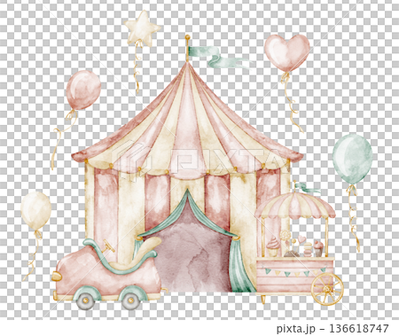Watercolor Circus tent in soft pastel vintage style. Illustration of carnival element in fairground scene for nursery posters, childish party designs and nostalgic amusement park themes. Watercolor Circus tent in soft pastel vintage style. Illustration of carnival element in fairground scene for nursery posters, childish party designs and nostalgic amusement park themes. 136618747