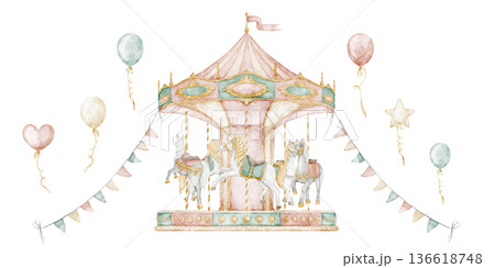 Classic Carousel with Horses watercolor illustration with balloons and garlands in pastel pink colors. Art of carnival merry go round in children style for nursery posters, baby invitations, cards. 136618748