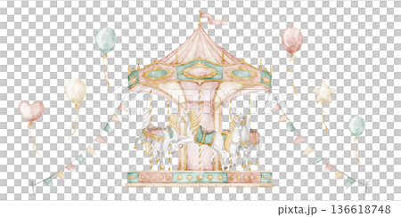 Classic Carousel with Horses watercolor illustration with balloons and garlands in pastel pink colors. Art of carnival merry go round in children style for nursery posters, baby invitations, cards. 136618748