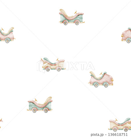 Car watercolor seamless pattern in soft pastel colors. Cute background with vintage childish transport for nursery wallpaper, kids design, textiles, wrapping paper and party decor. Car watercolor seamless pattern in soft pastel colors. Cute background with vintage childish transport for nursery wallpaper, kids design, textiles, wrapping paper and party decor. 136618751