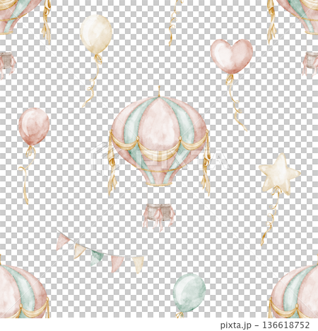 Balloons seamless watercolor pattern with garlands and carnival details in soft pastel colors. Background for nursery wallpaper, baby textiles, party backdrop and gift wrapping. Art for bed linen. Balloons seamless watercolor pattern with garlands and carnival details in soft pastel colors. Background for nursery wallpaper, baby textiles, party backdrop and gift wrapping. Art for bed linen. 136618752