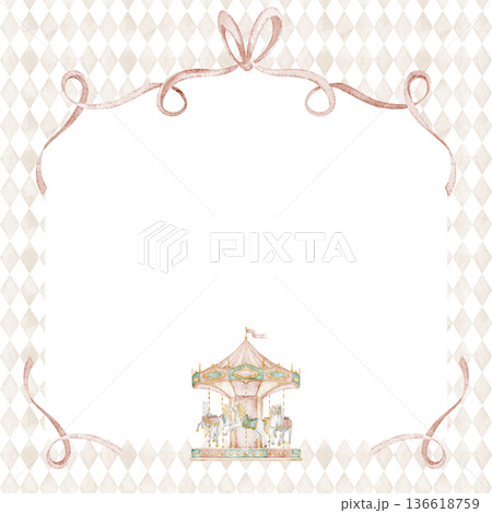Watercolor frame illustration with carnival carousel and ribbons on isolated background. Border for nursery prints, children posters, baby shower invitations, greeting cards. Template for party design 136618759