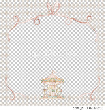 Watercolor frame illustration with carnival carousel and ribbons on isolated background. Border for nursery prints, children posters, baby shower invitations, greeting cards. Template for party design 136618759